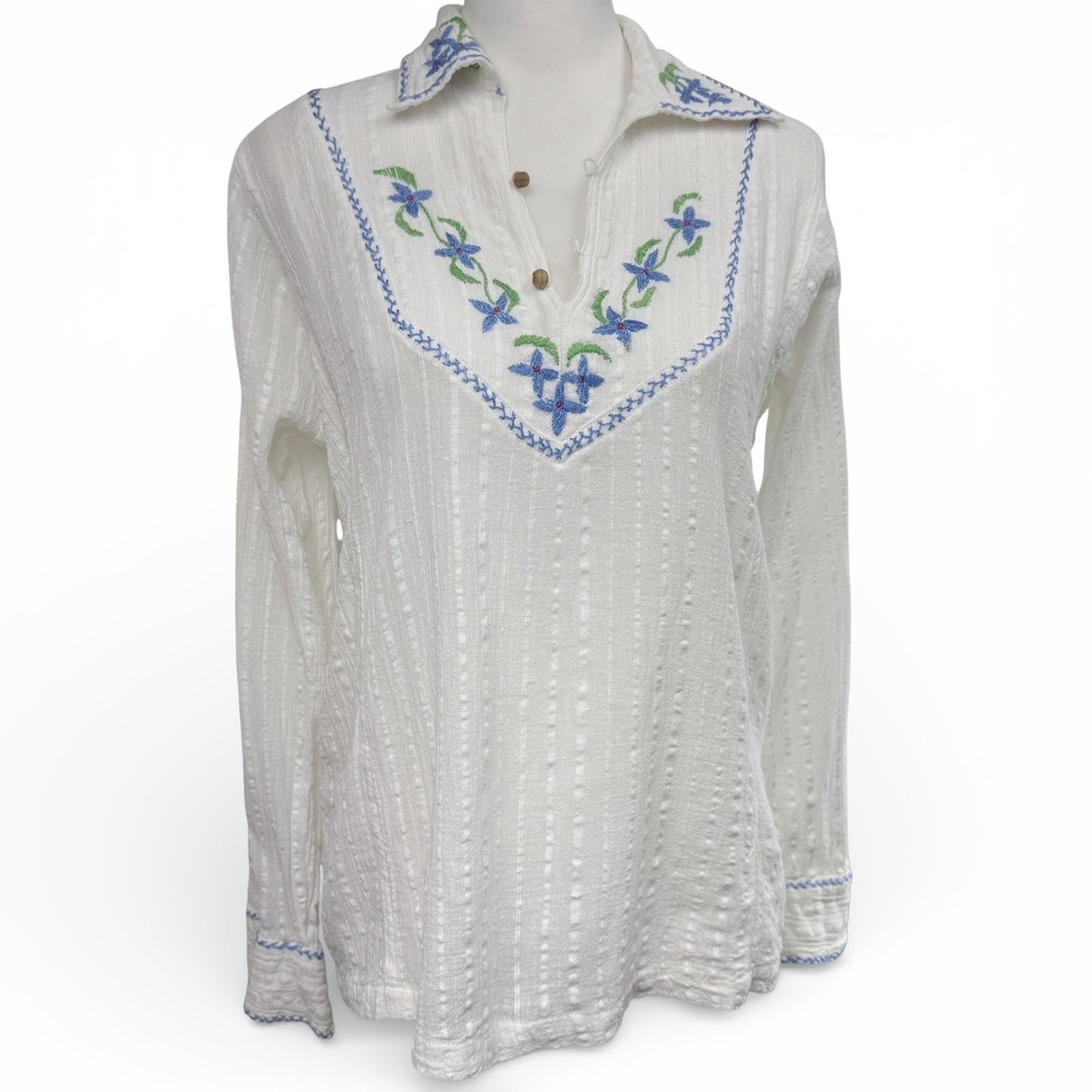 Star of India Vintage Floral Embroidered Boho Hippie Top‎ Size M Gauze Cotton